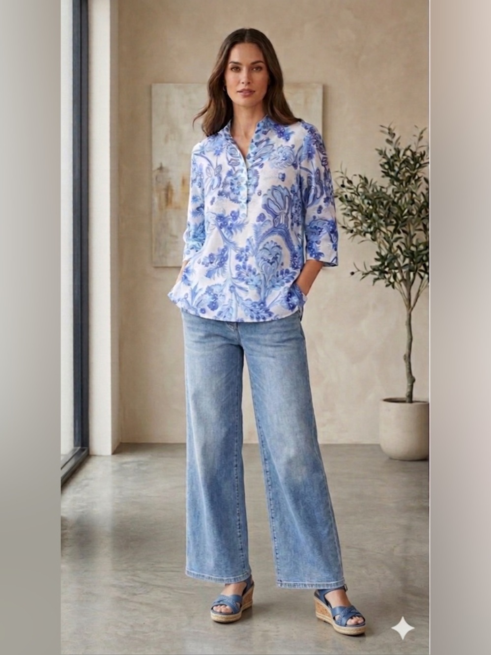 Blue Floral Collared V-Neck Tunic